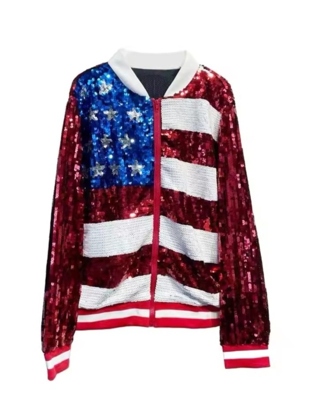 Sequined American Flag Bomber Jacket - Red, White & Blue